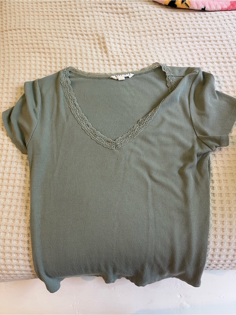 Lace-Trim Ribbed V-Neck Top - Sage Green